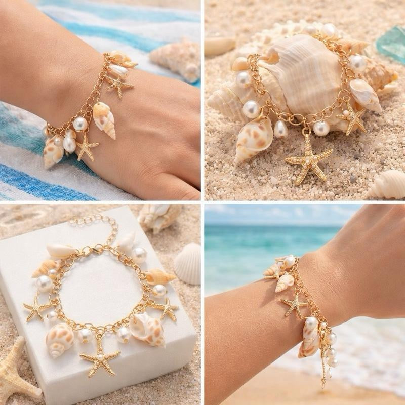 Ocean Charm Bracelet for Women – Gold Shell & Starfish Beach Jewelry, Summer Style