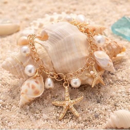 Ocean Charm Bracelet for Women – Gold Shell & Starfish Beach Jewelry, Summer Style